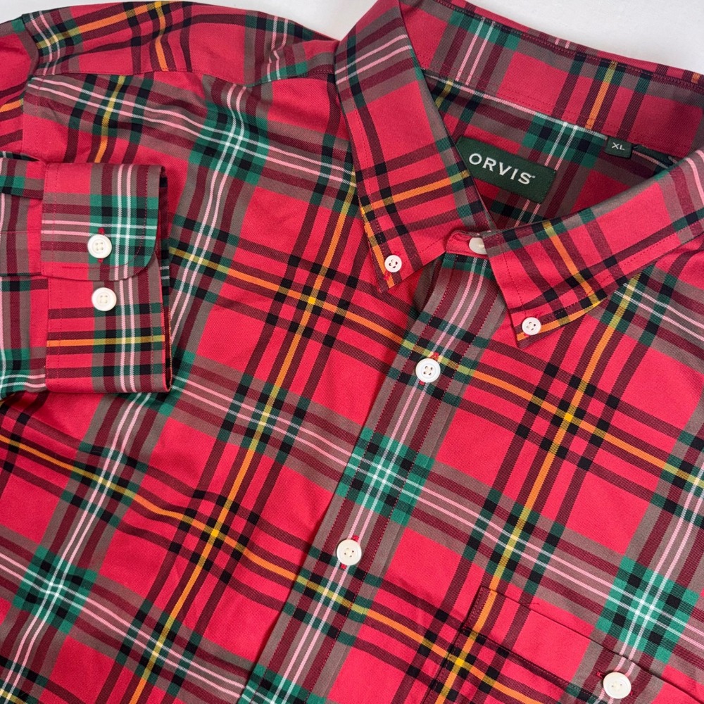 Orvis Plaid Button Down Shirt Mens XL Red Tartan Cotton Long Sleeve Pocket